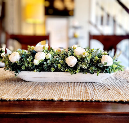 Dough Bowl Centerpiece – Handcarved Farmhouse Arrangement with Cream Peonies