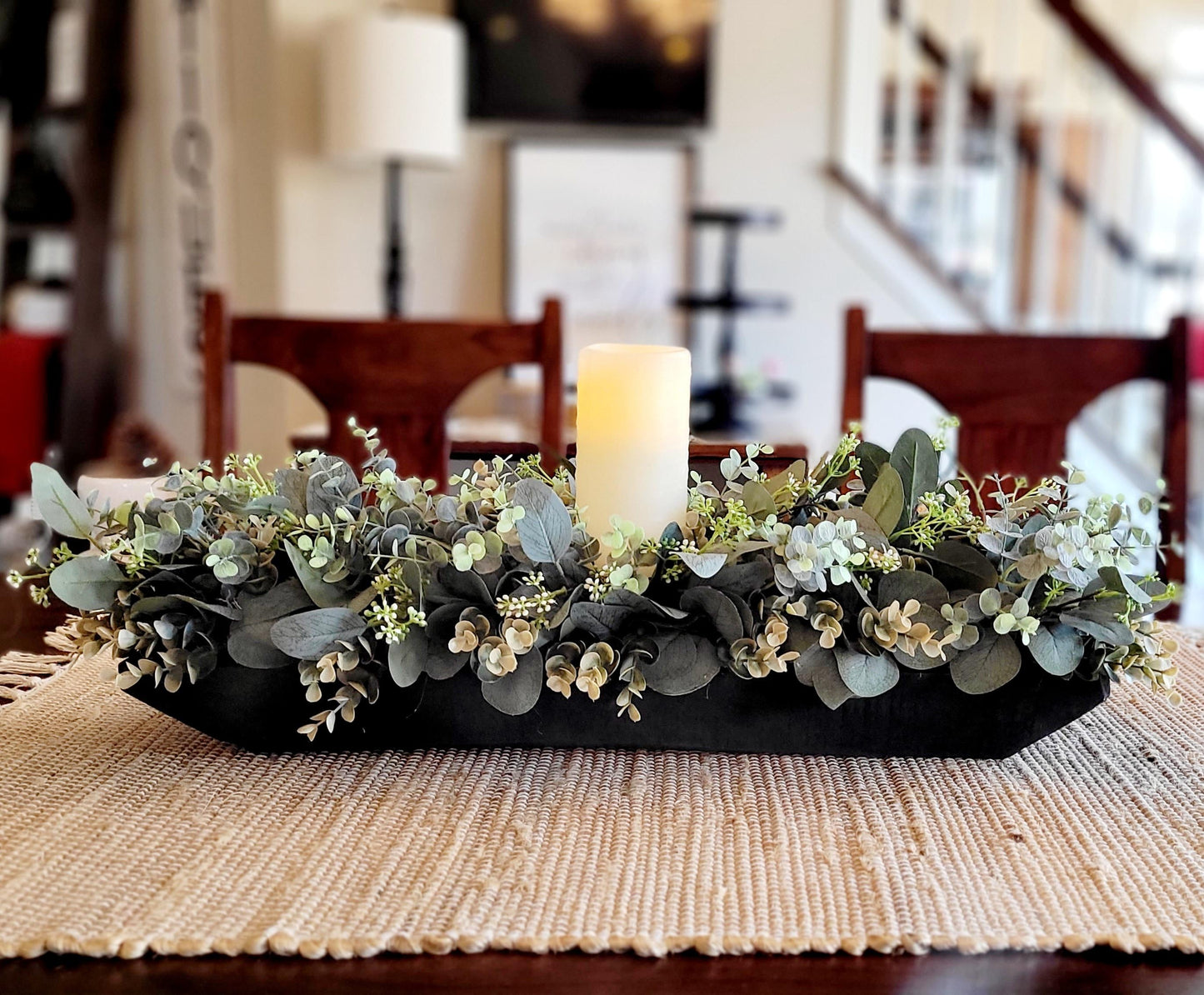 Dough Bowl Centerpiece  Greenery Arrangement Farmhouse Arrangement Candle Centerpiece Country Decor Holiday Arrangement Decor Berry decor