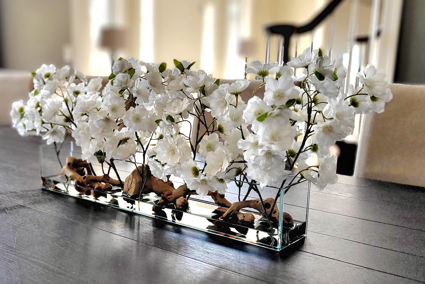 Cherry Blossom Arrangement dining table centerpiece elegant arrangement modern farmhouse decor artificial water arrangement long glass vase