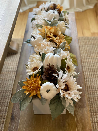 Fall Dining Table Arrangement Fall Flower Arrangement Sunflower Arrangement Mantle Fall Decor Long box arrangement Neutral fall decoration