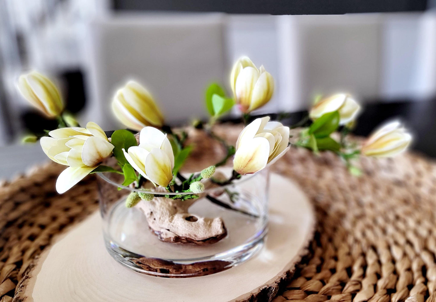 Silk Orchid Centerpiece Realistic Faux Flower Arrangement Round Glass Vase Display Modern Dining Table Styling Elegant Artificial Orchid Driftwood Accent Piece Maintenance Free Home Styling Contemporary Centerpiece Collection Perfect Living