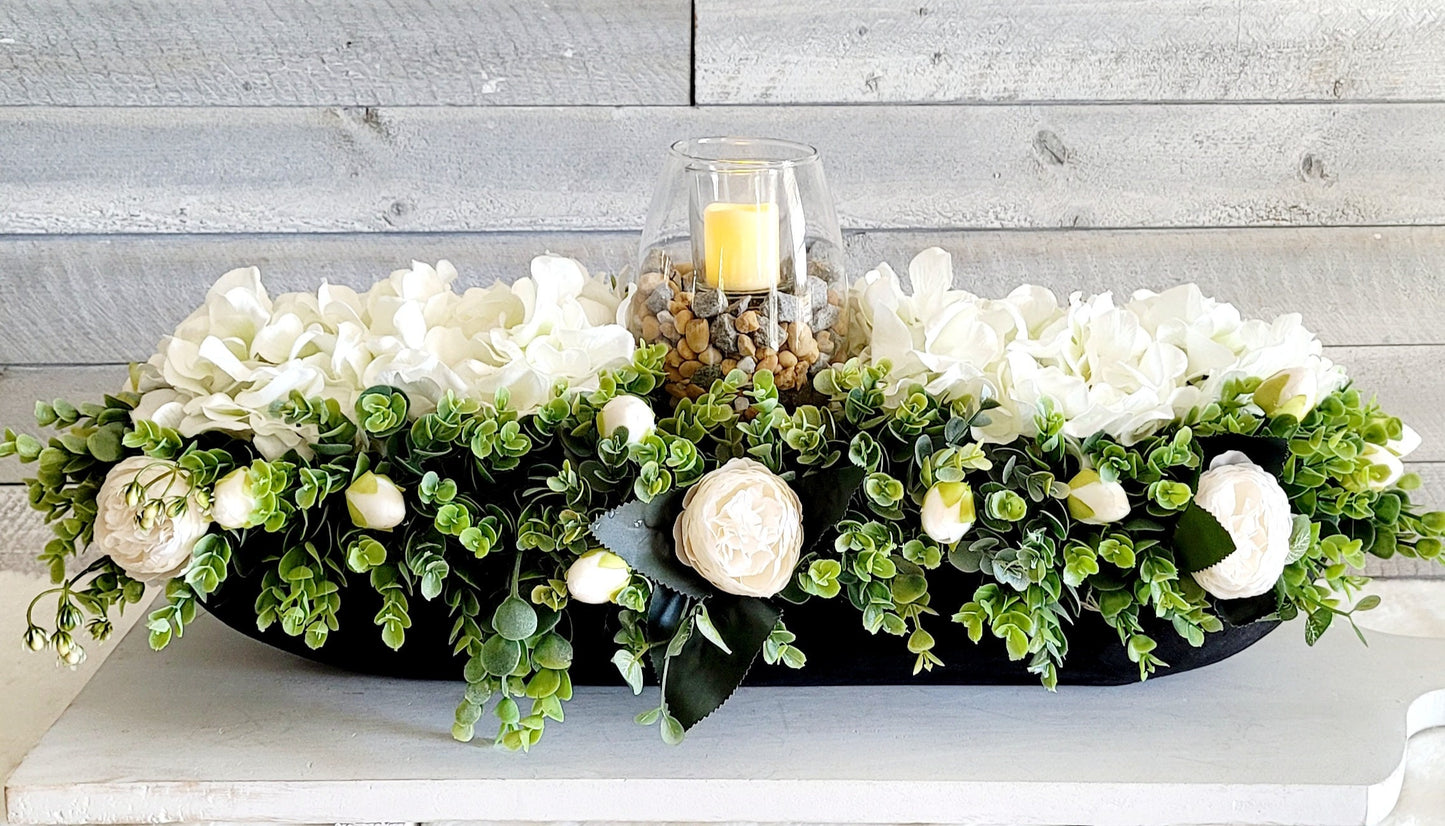 Dough Bowl Centerpiece – Handcrafted Farmhouse Floral Arrangement with Faux Hydrangeas