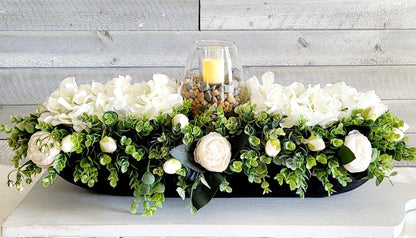Dough Bowl Centerpiece – Handcrafted Farmhouse Floral Arrangement with Faux Hydrangeas
