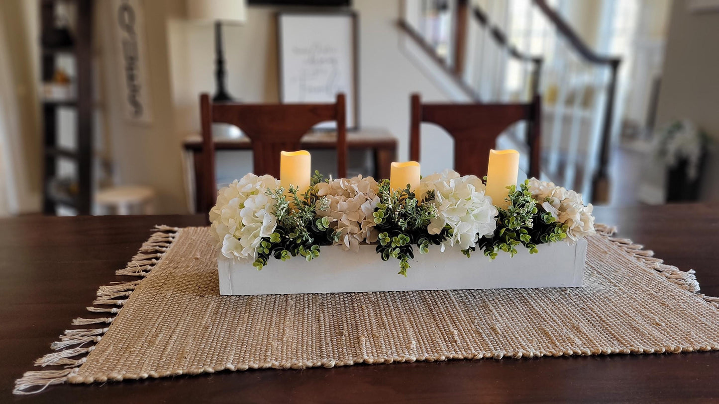 Dining Table Centerpiece – Neutral Floral Arrangement with Faux Hydrangeas