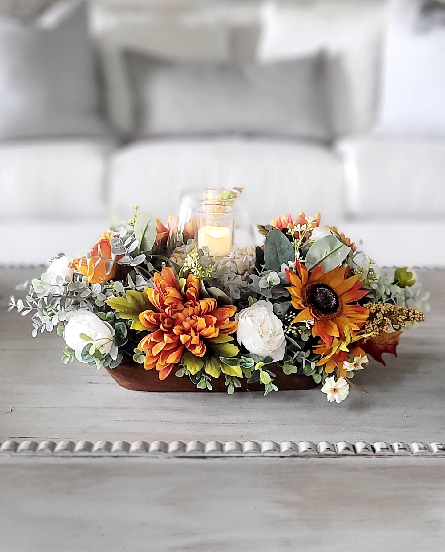 Fall table arrangement fall arrangement dough bowl fall kitchen decor farmhouse arrangement fall candle fall pumpkin sunflower arrangement