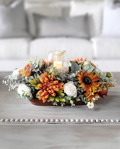 Fall table arrangement fall arrangement dough bowl fall kitchen decor farmhouse arrangement fall candle fall pumpkin sunflower arrangement