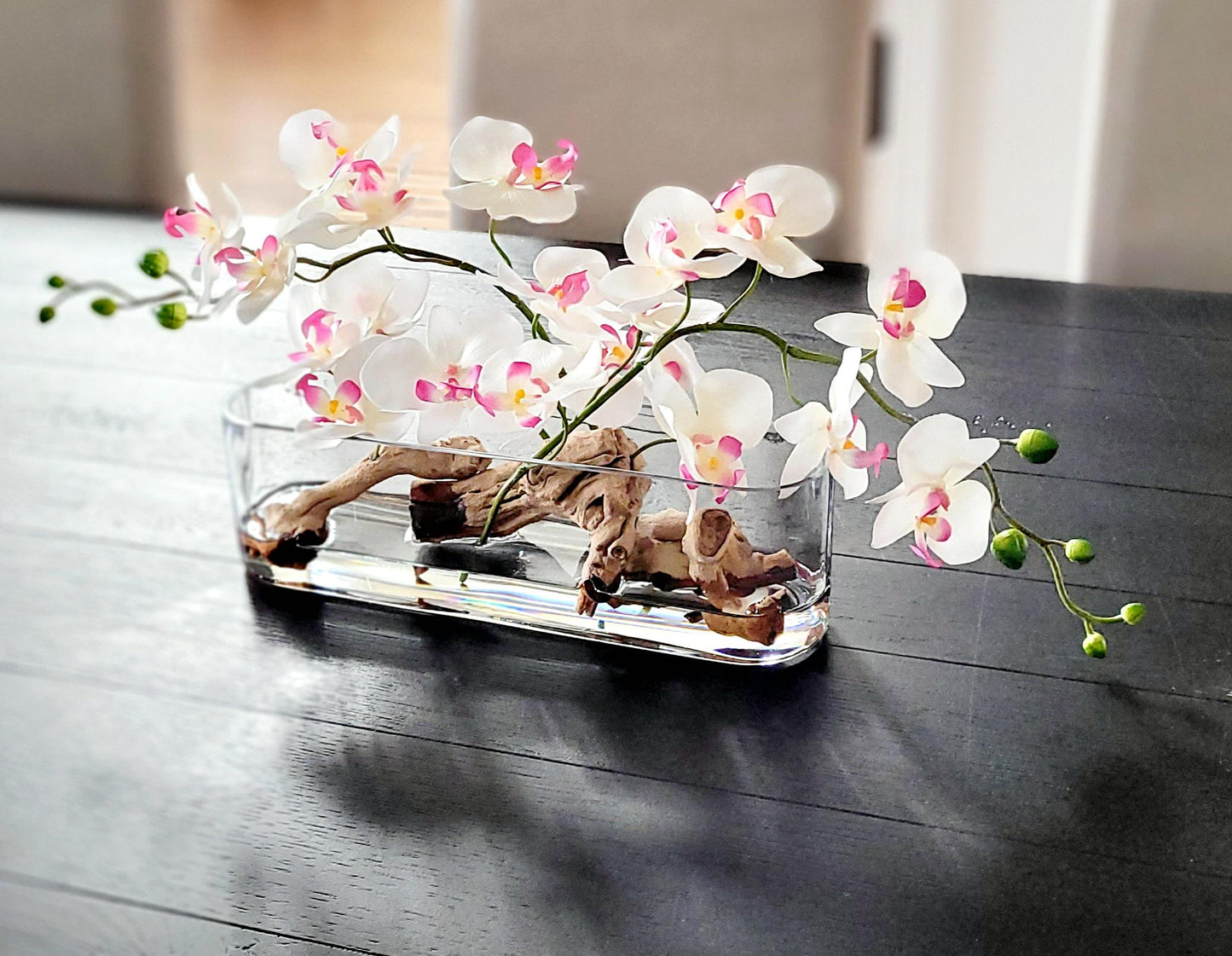 Artificial Orchid Arrangement – Pink Silk Flowers in Glass Vase for Modern Spaces