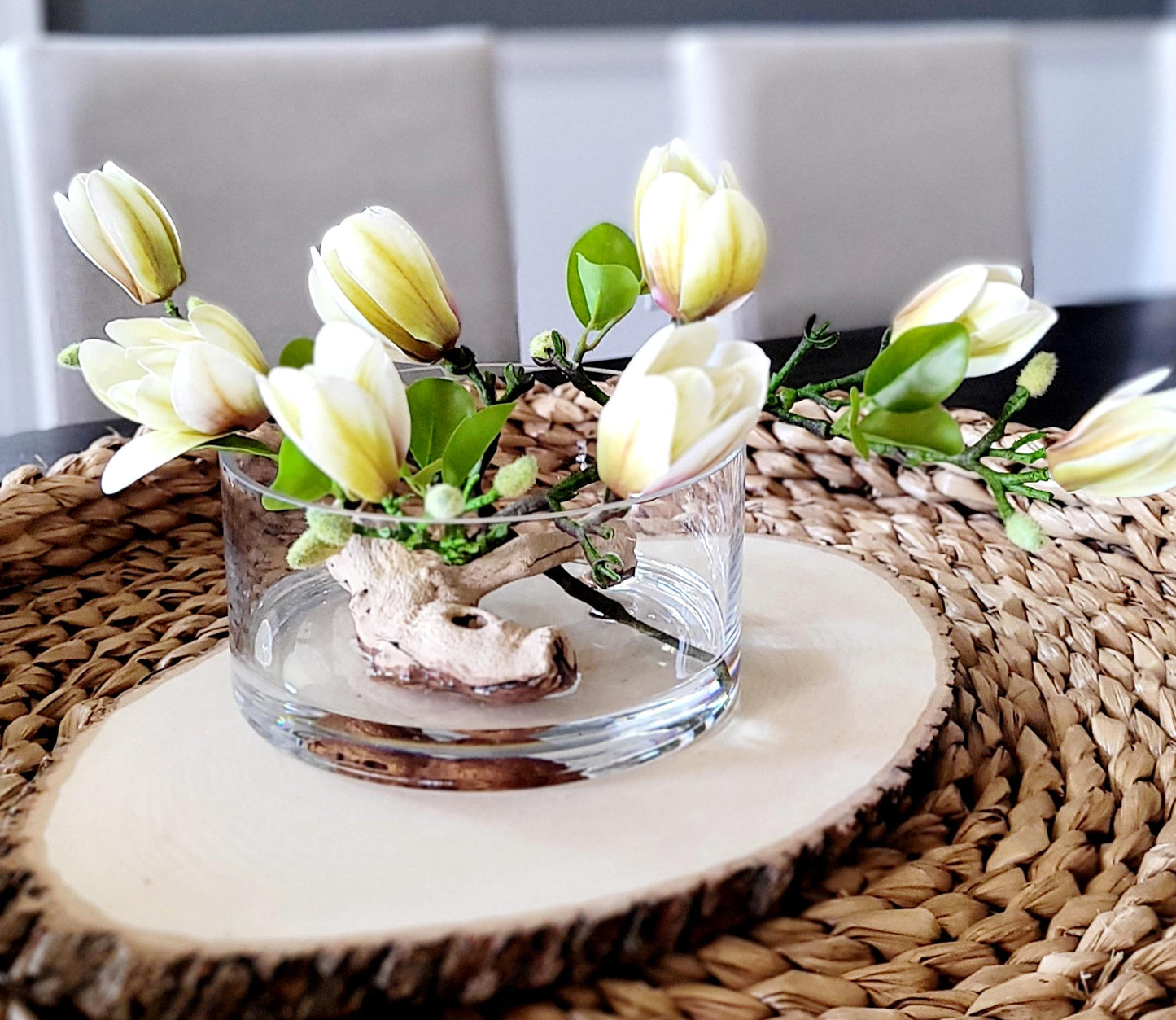 Artificial Orchid Arrangement – Silk Centerpiece in Round Glass Vase for Dining Table