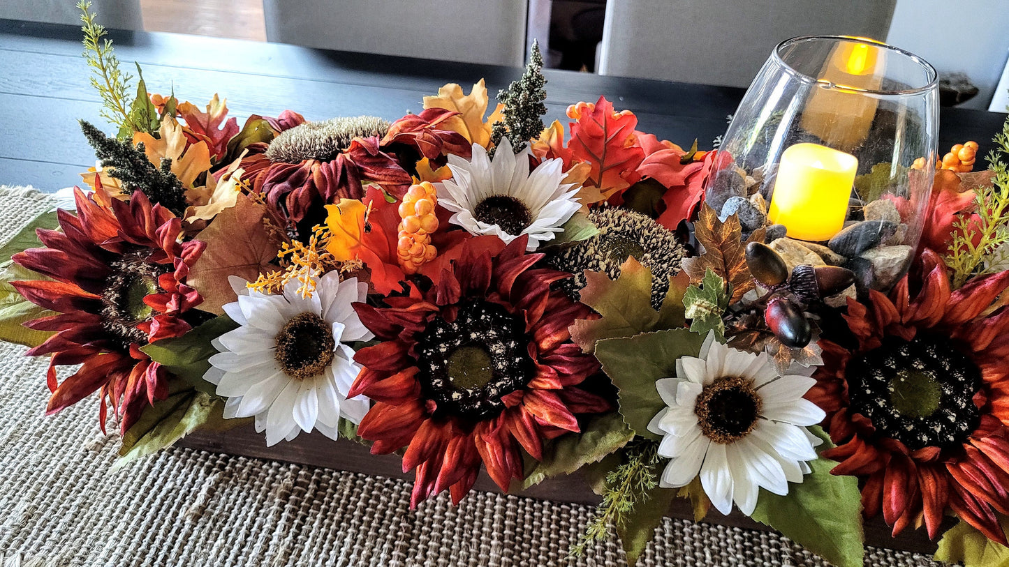 Fall farmhouse dining table arrangement Sunflower table centerpiece Rustic long box floral arrangement mantle fall decor candle centerpiece