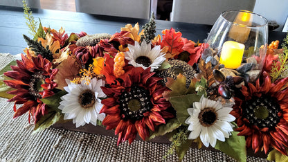 Fall farmhouse dining table arrangement Sunflower table centerpiece Rustic long box floral arrangement mantle fall decor candle centerpiece