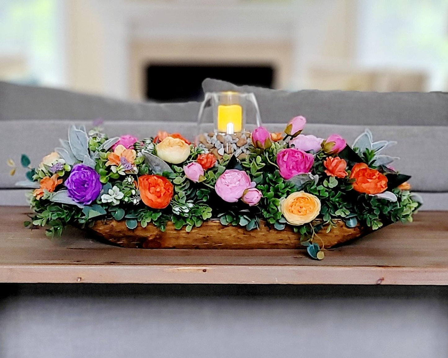 Silk Flower Centerpiece – Bright Peony Dough Bowl for Coffee Table
