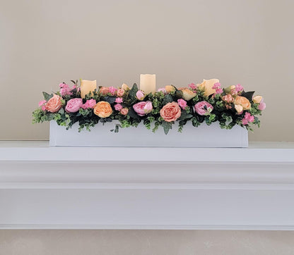 Dining Room Arrangement Peony Silk Flower Coral Flowers Peach Flower Arrangement Spring Table Decor Wood Box Table Centerpiece With Candles