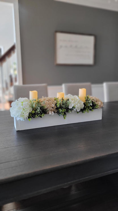 Dining Table Centerpiece – Neutral Floral Arrangement with Faux Hydrangeas