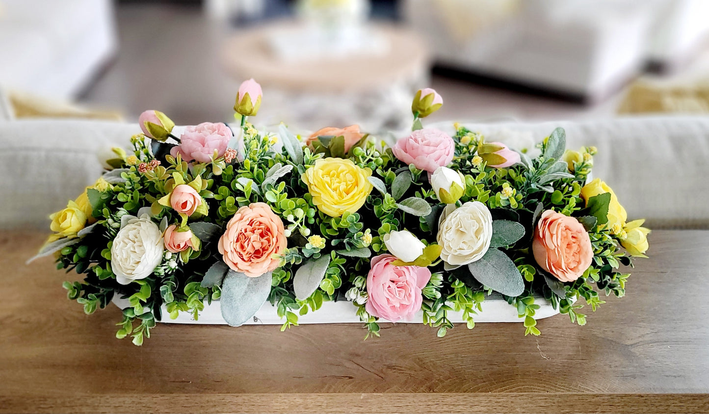 Rustic Dough Bowl Centerpiece Silk Flower Arrangement Peach Rose Peony Blossoms Farmhouse Dining Table Display Faux Floral Collection Artificial Greenery Accents Pastel Pink Flowers Elegant Home Styling Mantle Piece Ready Made Design