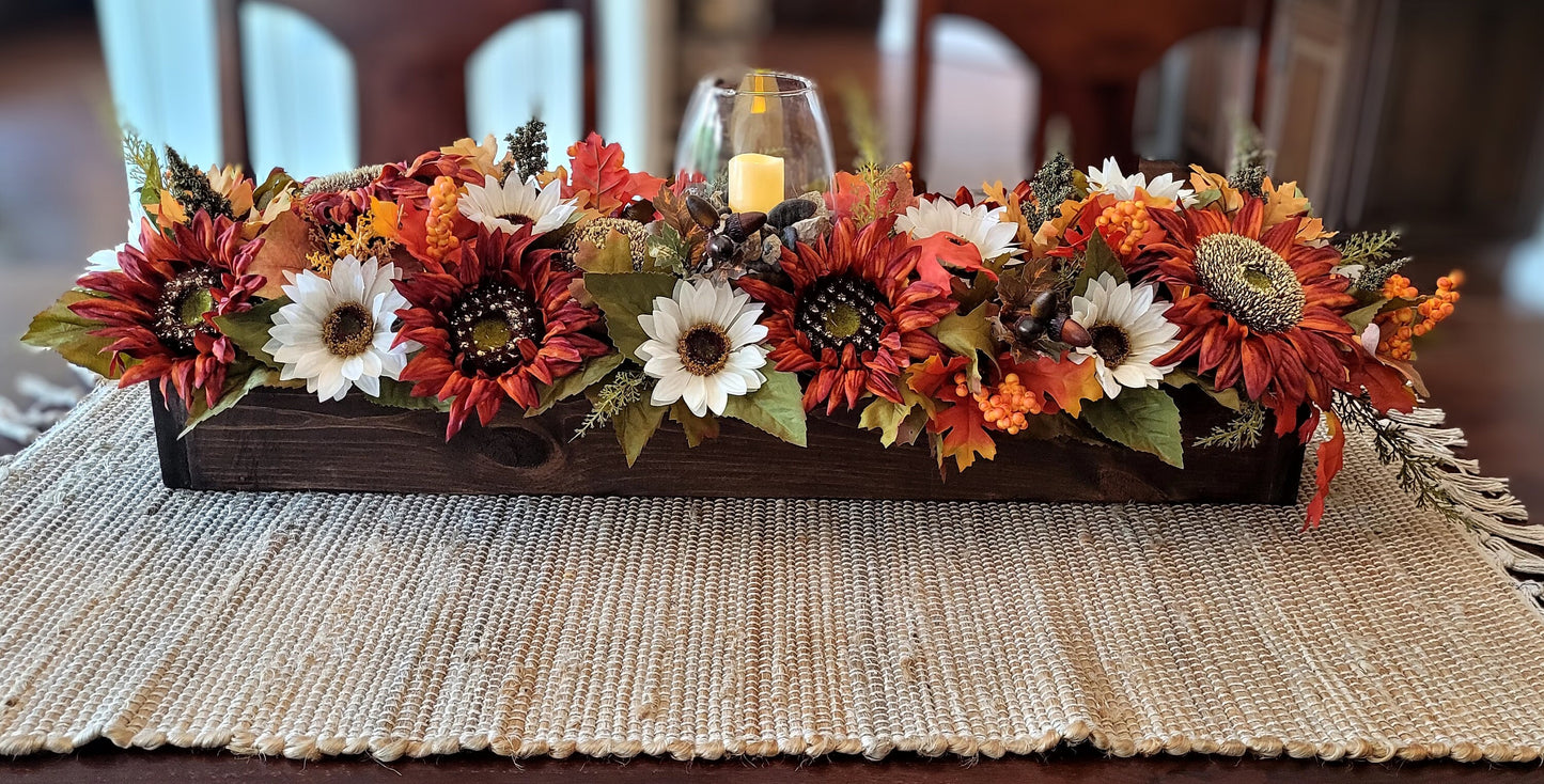 Fall farmhouse dining table arrangement Sunflower table centerpiece Rustic long box floral arrangement mantle fall decor candle centerpiece
