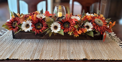 Fall farmhouse dining table arrangement Sunflower table centerpiece Rustic long box floral arrangement mantle fall decor candle centerpiece
