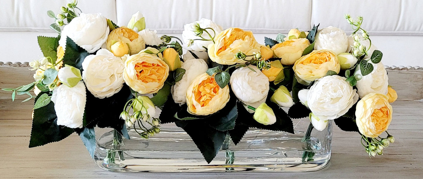 Modern glass vase floral arrangement dining table peony arrangement yellow flower arrangement long glass elegant arrangement gift for her