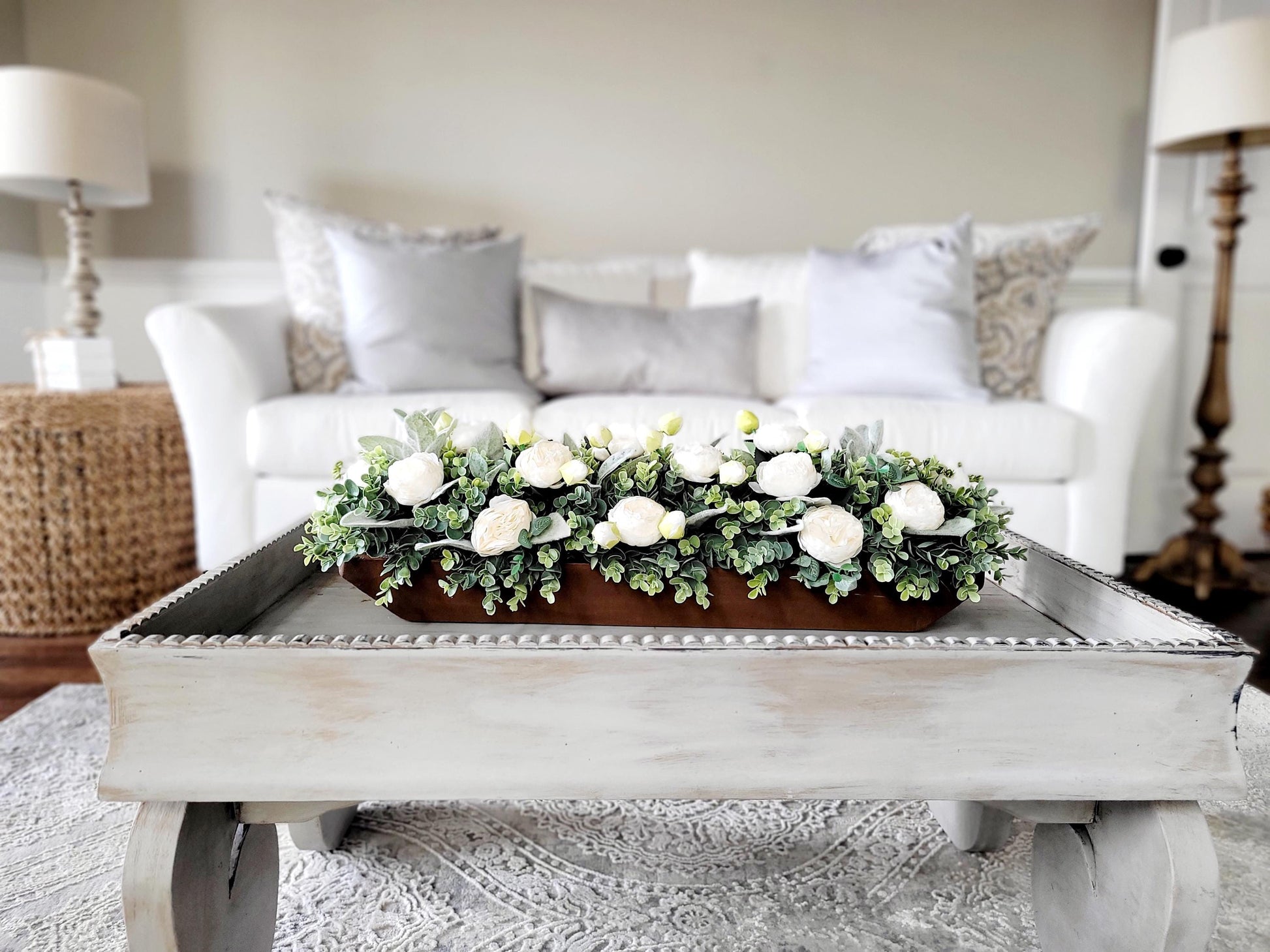 Faux Peony Centerpiece Wooden Box Arrangement Farmhouse Table Decor Rustic Home Accent Custom Stained Planter Silk Flower Display Beautiful Dining Decoration Kitchen Counter Styling Spring Home Design Mantle Accent Piece Artificial Greenery