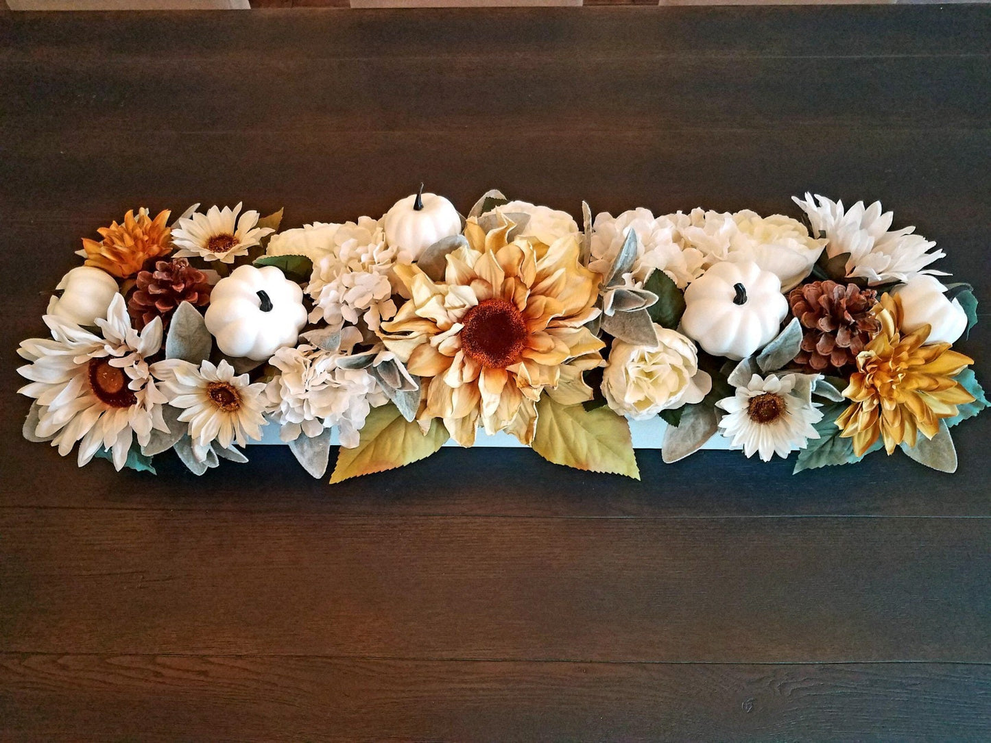 Fall arrangement hydrangea wood planter box Fall Sunflower centerpiece wood box mantle centerpiece planter box