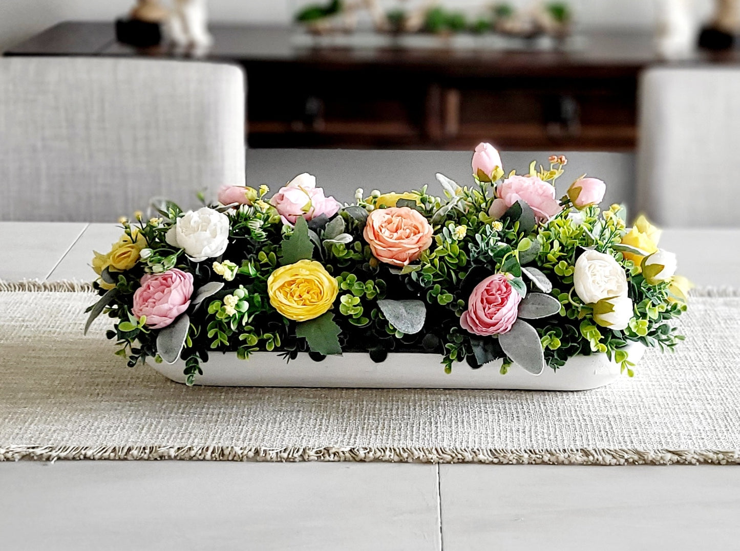 Peach Flower Centerpiece – Silk Arrangement in Rustic Dough Bowl