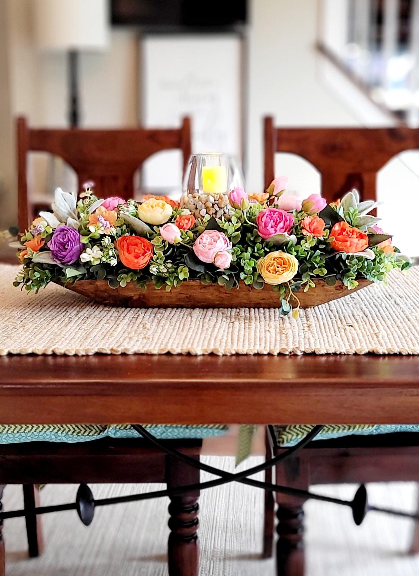 Artificial Flower Arrangement Silk Peony Centerpiece Dough Bowl Coffee Table Display Bright Colorful Farmhouse Style Handcrafted Wooden Bowl Design Maintenance Free Living Room Accent Mantel Ready Home Styling Year Round Table Piece Perfect