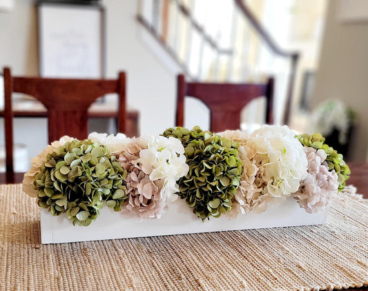 Dining table arrangement hydrangea floral centerpiece coffee table decor sage green flower decor wedding arrangement bridal flower wood box