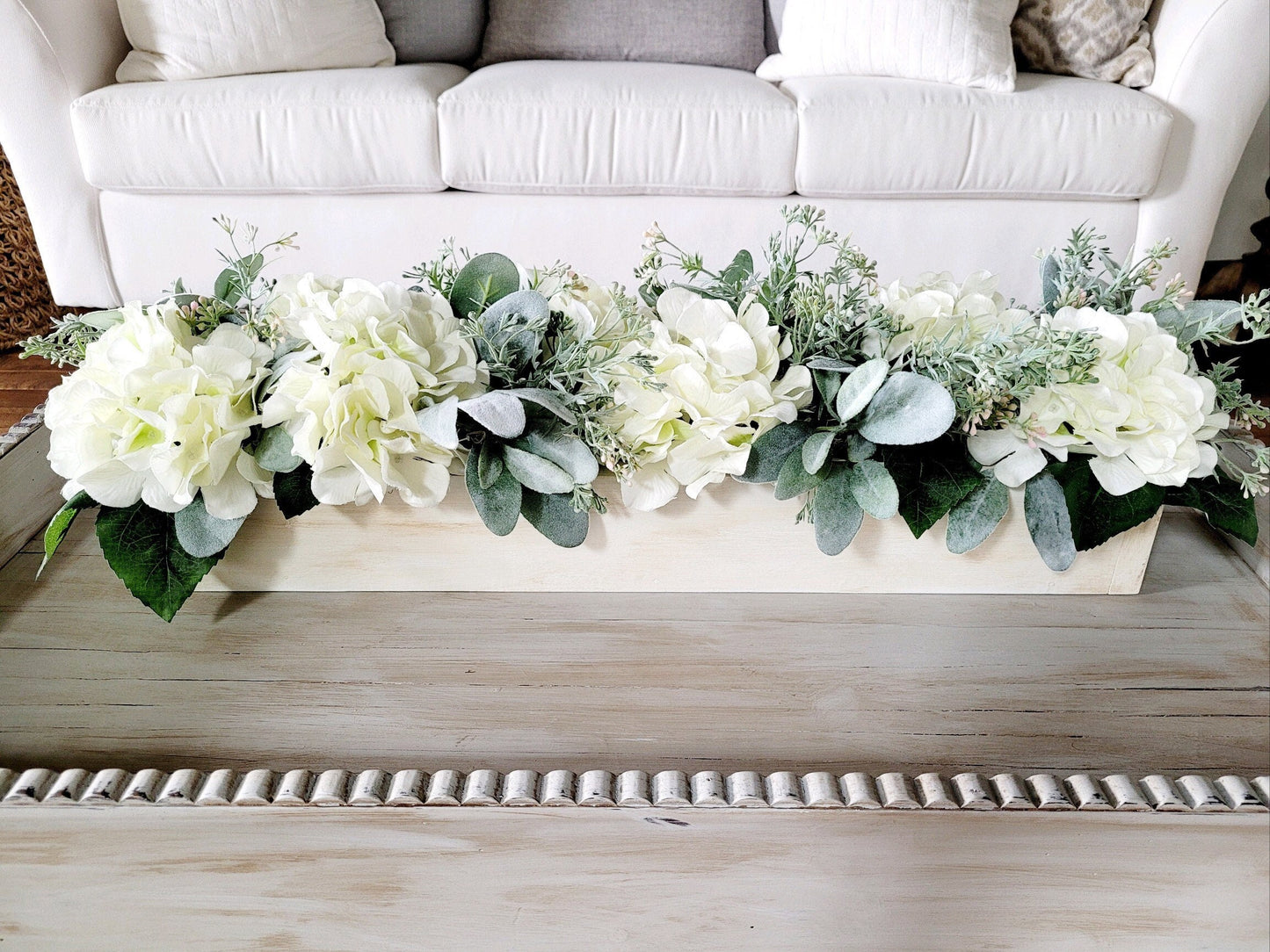 Spring Floral Arrangement Dining Table Long Box Centerpiece Hydrangea Flower Table Arrangement Wood Box Mantel Arrangement White Hydrangeas