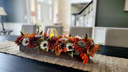 Fall farmhouse dining table arrangement Sunflower table centerpiece Rustic long box floral arrangement mantle fall decor candle centerpiece