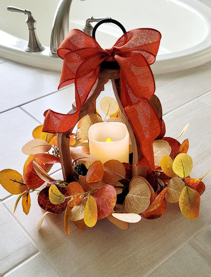 Farmhouse Lantern Decor Fall Decoration Flame-less Candle Decor Lighting Fixture Rustic Lantern Table arrangement Fall Leaves Autumn Wreath