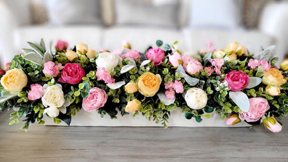 Silk Peony Arrangement Wooden Dough Bowl Dining Table Centerpiece Elegant Floral Design Artificial Flower Display Farmhouse Home Accent Spring Summer Decoration Rustic Wood Container Custom Color Bowl Handcrafted Detail Perfect Table