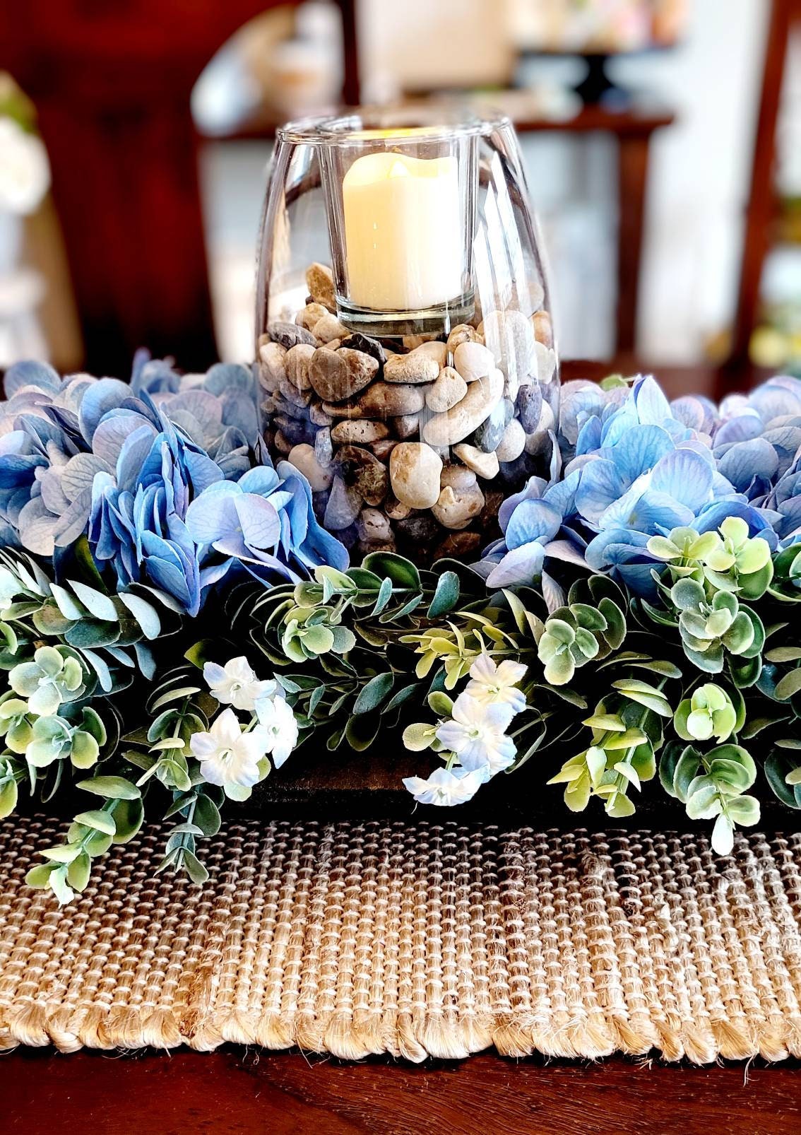 Rustic Table Centerpiece – Black Dough Bowl with Blue Hydrangeas and Candle