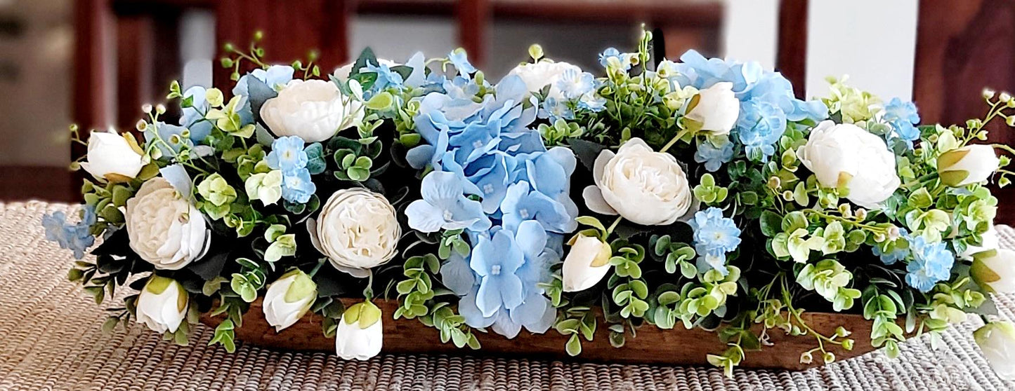 Rustic Dough Bowl Centerpiece Blue Flower Arrangement Silk Hydrangea Peony Rose Display Farmhouse Kitchen Table Dining Room Decoration Artificial Floral Greenery Faux Botanical Elements Country Cottage Coastal Style Home Accent Wedding