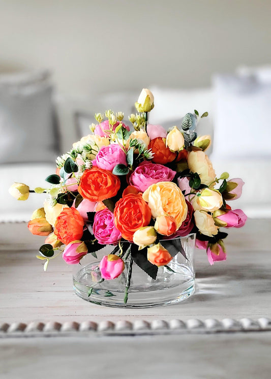 Silk Floral Arrangement Glass Vase Mothers Day Gift Flowers Mom Gift Her Floral Gift Floral Colorful Arrangement Dining Table Peony Flower