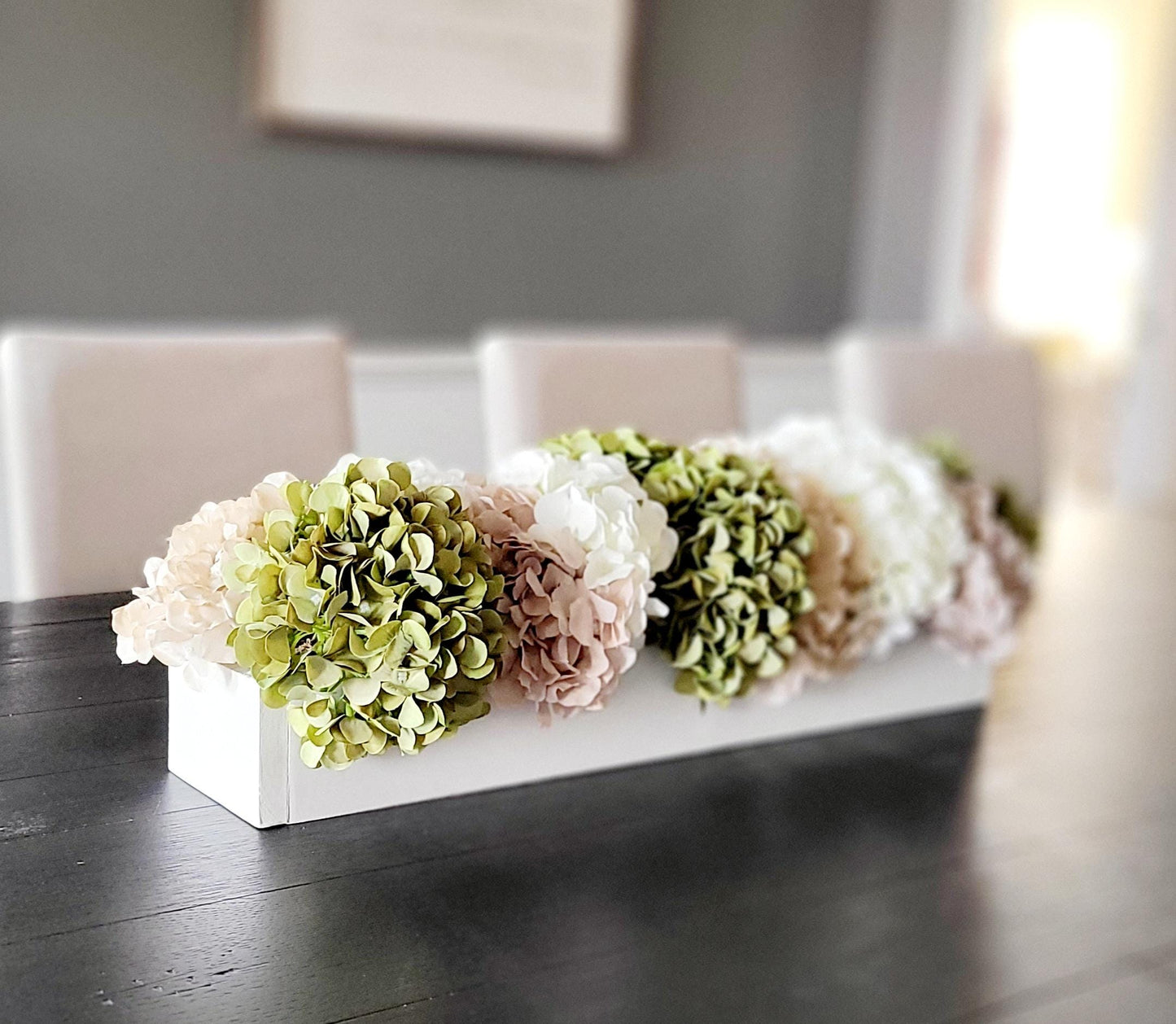 Dining table arrangement hydrangea floral centerpiece coffee table decor sage green flower decor wedding arrangement bridal flower wood box