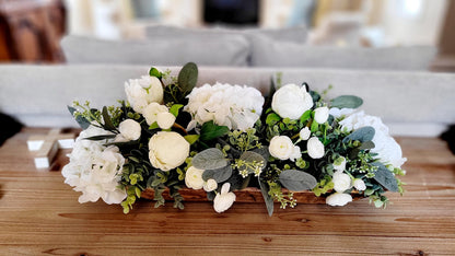 Dining Table Centerpiece – Silk Roses Peonies Hydrangeas in Dough Bowl