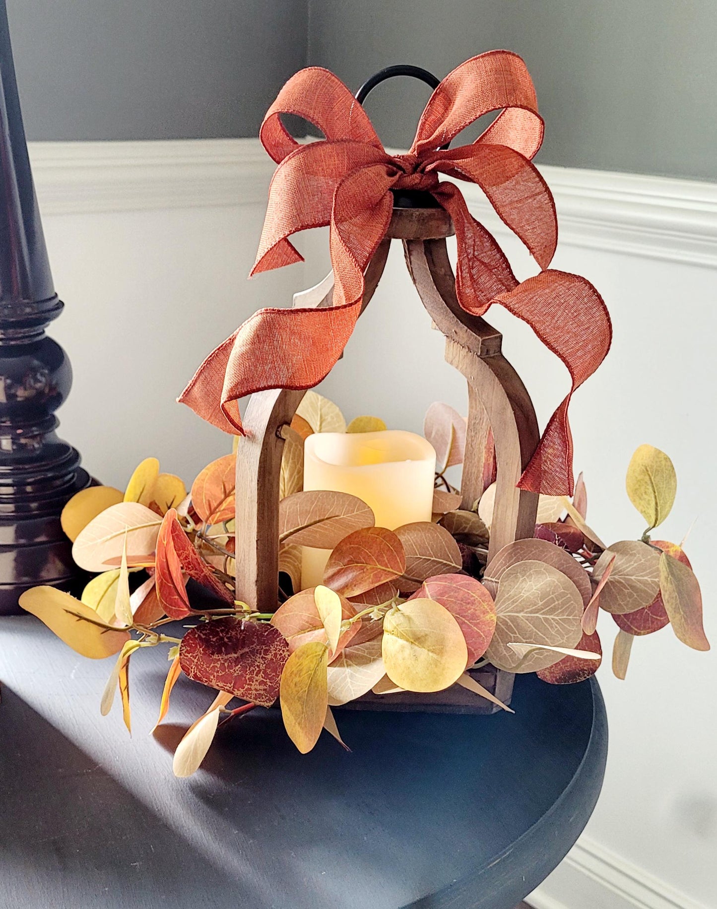 Farmhouse Lantern Decor Fall Decoration Flame-less Candle Decor Lighting Fixture Rustic Lantern Table arrangement Fall Leaves Autumn Wreath