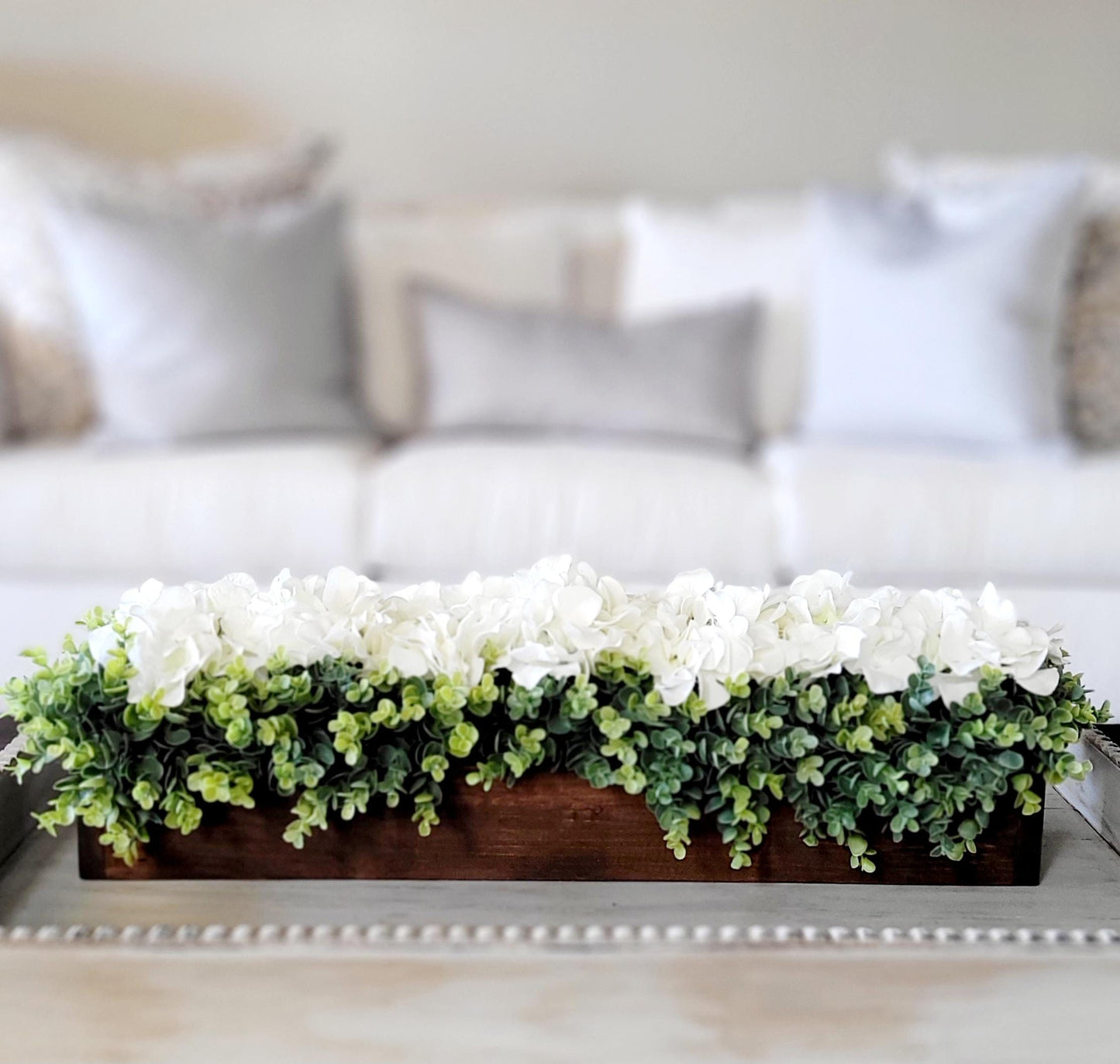 Hydrangea Centerpiece – Farmhouse Style Wooden Box Arrangement