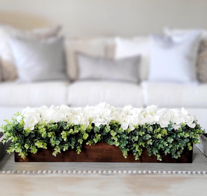Hydrangea Centerpiece – Farmhouse Style Wooden Box Arrangement