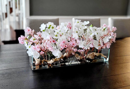Farmhouse Table Centerpiece – Artificial Cherry Blossom Arrangement in Modern Glass Vase