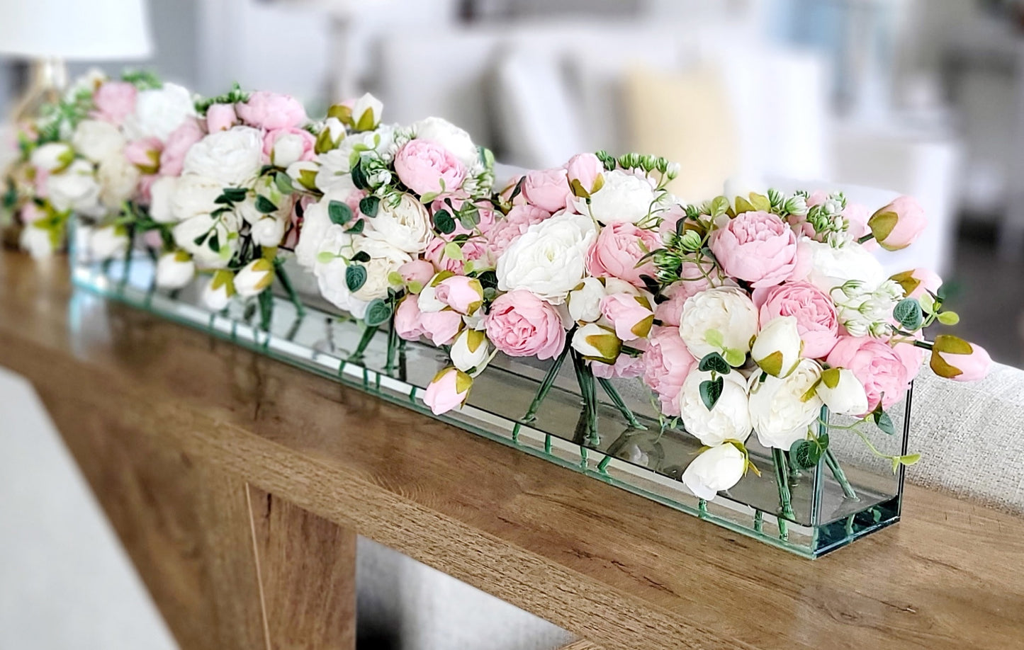Silk Flower Centerpiece – Real Touch Roses & Peonies in Rectangular Glass Vase
