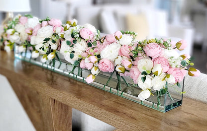 Silk Flower Centerpiece – Real Touch Roses & Peonies in Rectangular Glass Vase