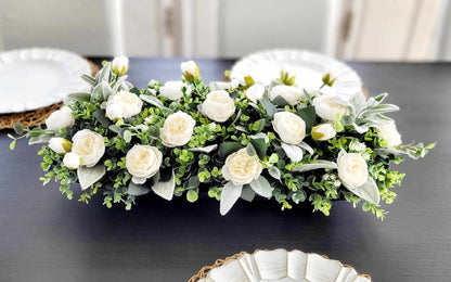 Cream Peony Flower Arrangement in Wood Dough Bowl