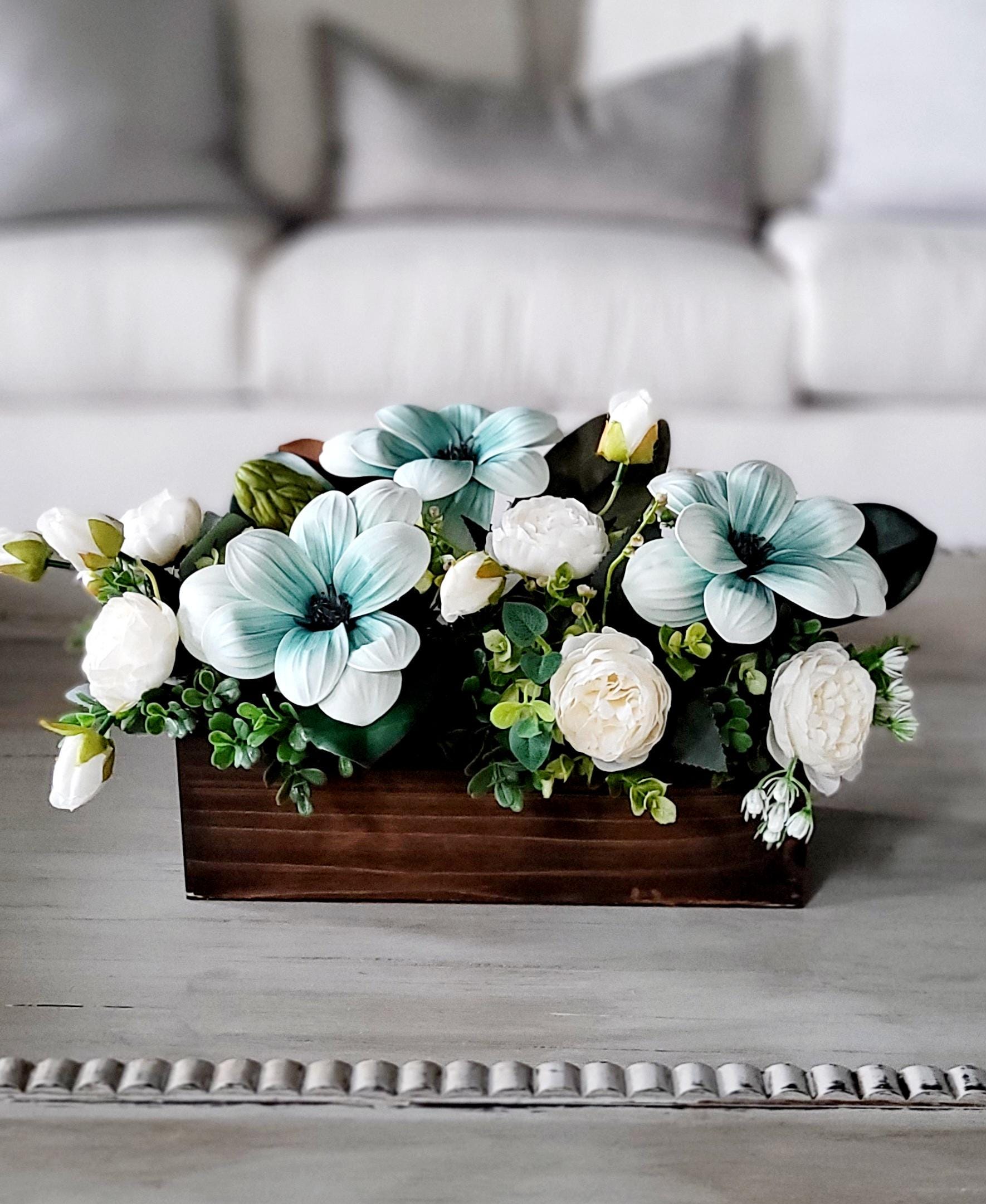 Farmhouse Style Centerpiece Rustic Wood Box Design Custom Built Container Magnolia Peony Arrangement Silk Flower Collection Dining Table Decor Elegant Home Accent Artificial Floral Display Teal Color Details Sophisticated Table Styling