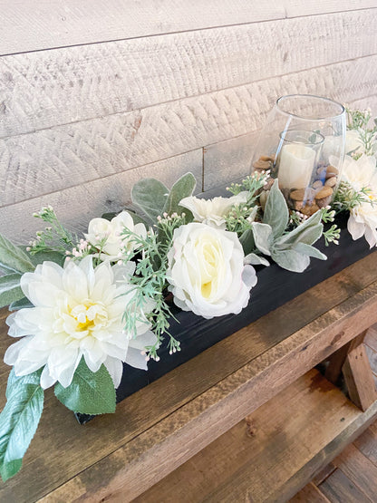 Farmhouse style long 25” Spring table arrangement in wood planter box candle centerpiece in wood box mantle centerpiece wood planter box