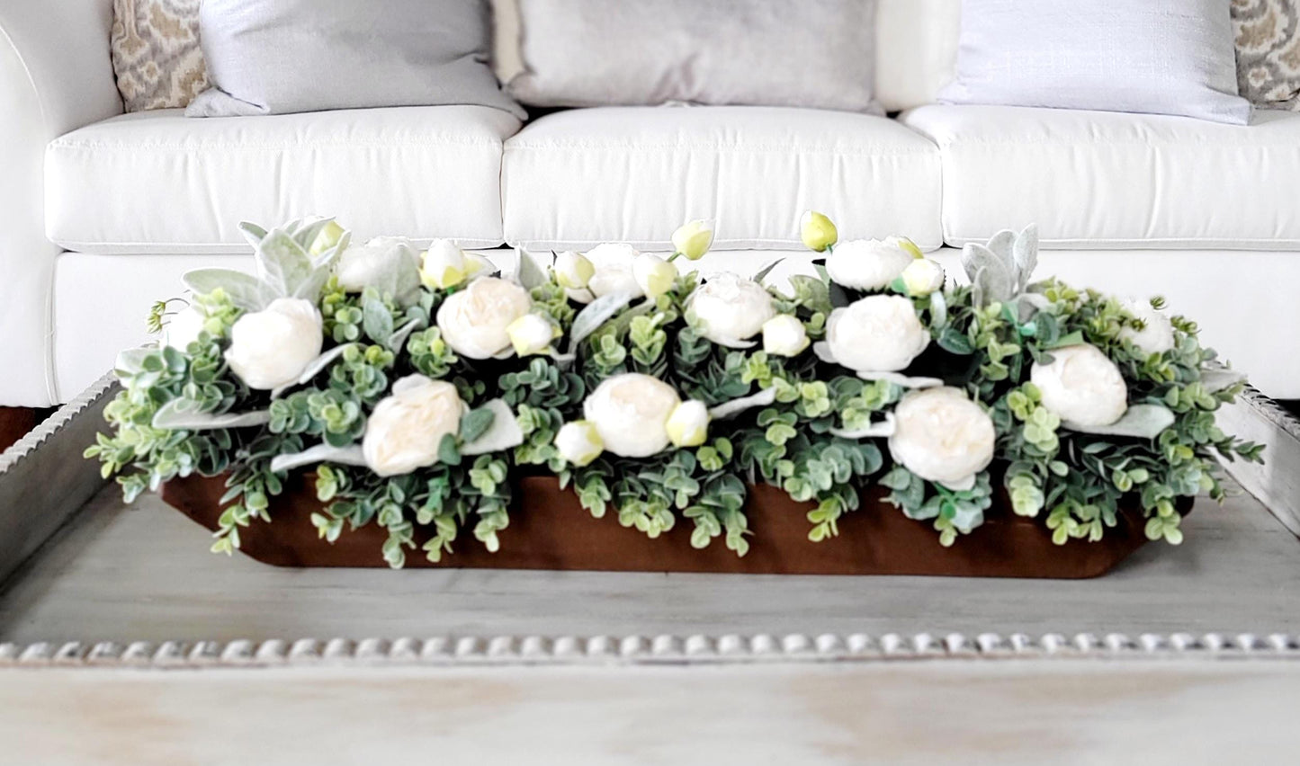 Farmhouse Table Centerpiece – Long Wooden Box with Faux Peonies