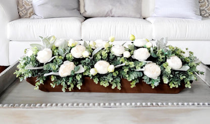 Farmhouse Table Centerpiece – Long Wooden Box with Faux Peonies
