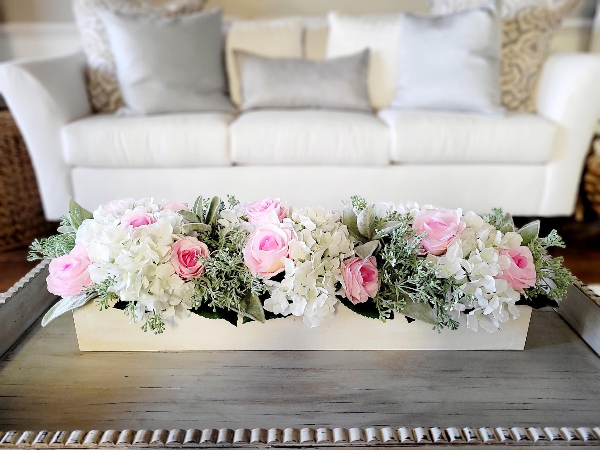 Dining Table Centerpiece Pink Rose Hydrangea Arrangement Wooden Box Container Spring Floral Display Artificial Flower Collection Elegant Table Setting Home Decor Accent Realistic Silk Flowers Beautiful Table Decoration Perfect Dining Room