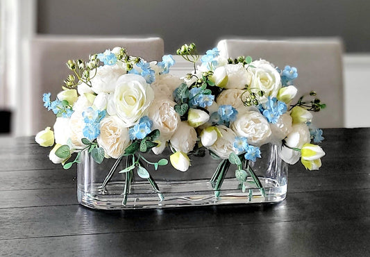 Silk Flower Centerpiece Blue Rose Peony Glass Vase Arrangement Dining Table Display Modern Home Styling Artificial Floral Collection Ivory Accent Blooms Faux Water Realistic Design Elegant Contemporary Centerpiece Living Room Kitchen Island