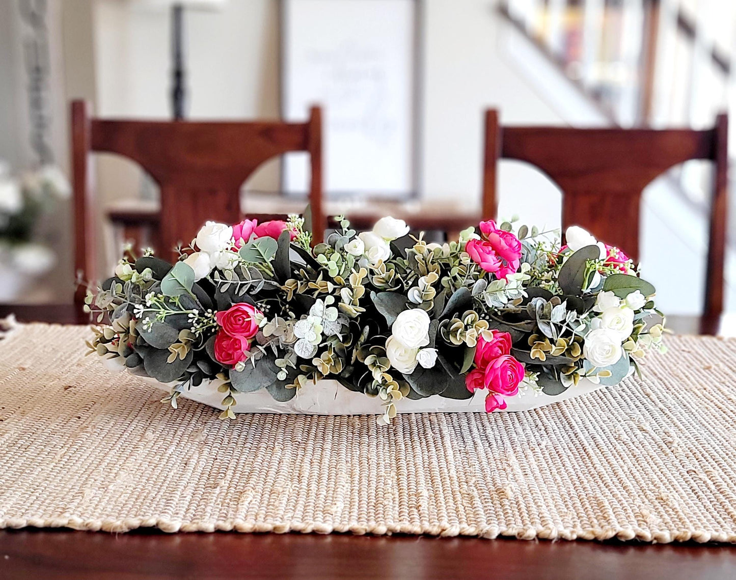 Dough Bowl Dining Table Arrangement Rose arrangement kitchen table decor Farmhouse Arrangement greenery arrangement Pink Floral Arrangement