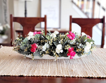 Dough Bowl Dining Table Arrangement Rose arrangement kitchen table decor Farmhouse Arrangement greenery arrangement Pink Floral Arrangement